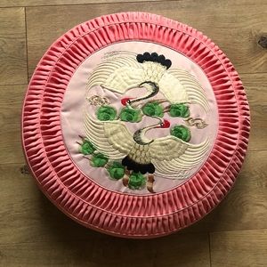 Beautiful vintage pink satin Cushion.Embroidery of two superb japenese grue.